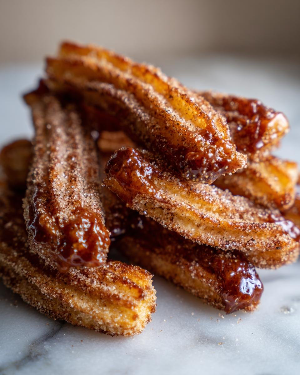Gros plan sur une pile de Toffee aux Crackers Churros, enrobés de sucre et de cannelle, avec une sauce au caramel brillante.