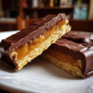 Gros plan sur deux moitiés d'un Twix maison healthy, révélant la couche de biscuit, le caramel coulant et le glaçage au chocolat.