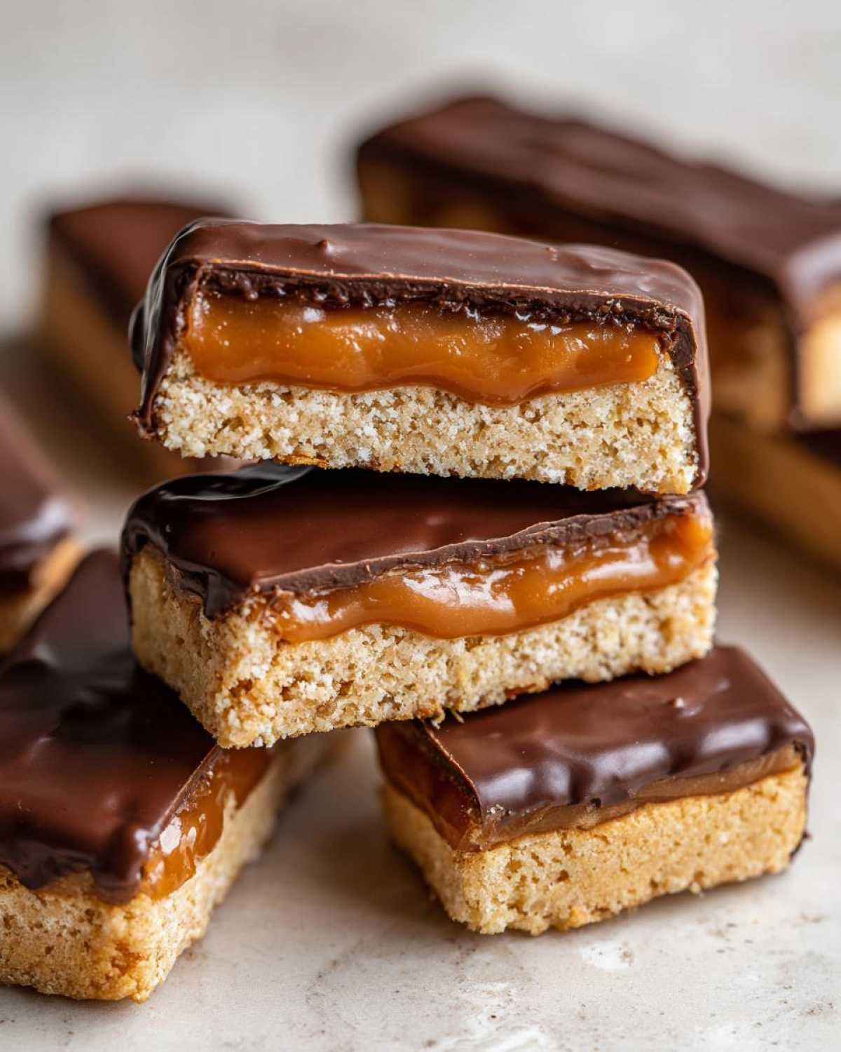Gros plan de Twix maison healthy empilés, avec une base biscuitée, un caramel coulant et un glaçage au chocolat noir.