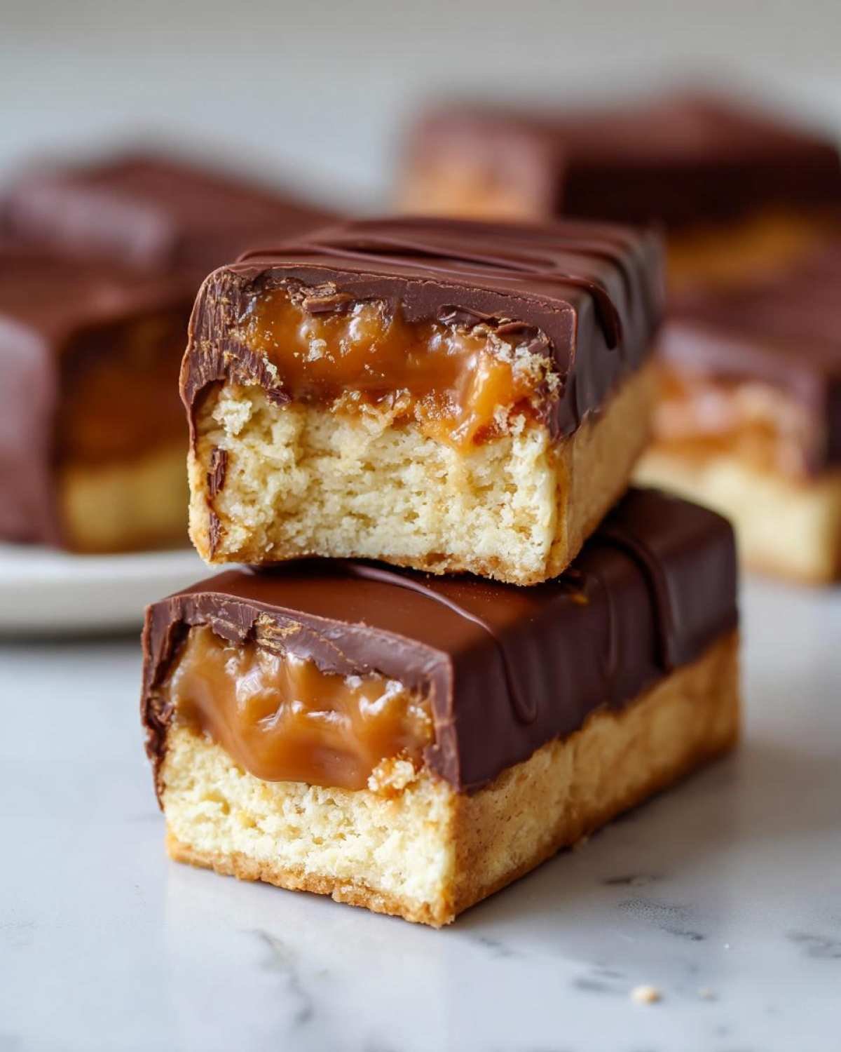 Gros plan sur deux barres de Twix maison healthy empilées, montrant le biscuit, le caramel coulant et le glaçage au chocolat noir.