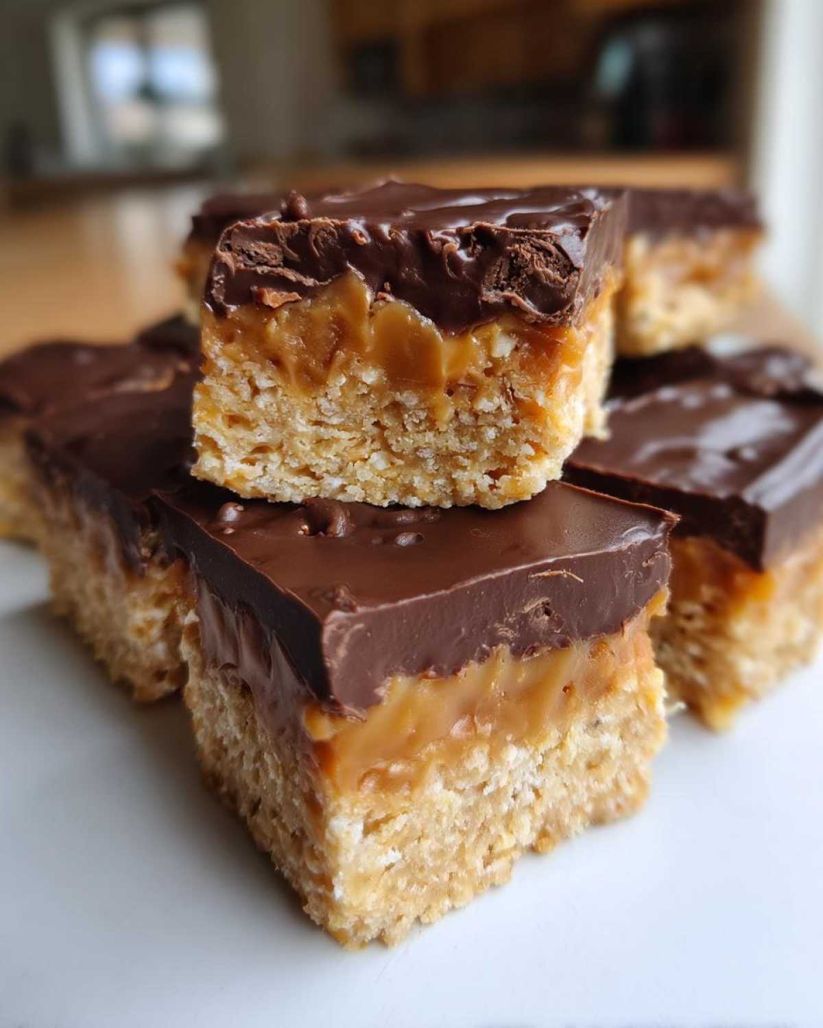 Gros plan sur des barres de Twix maison healthy avec une base croustillante, un caramel onctueux et un glaçage au chocolat.