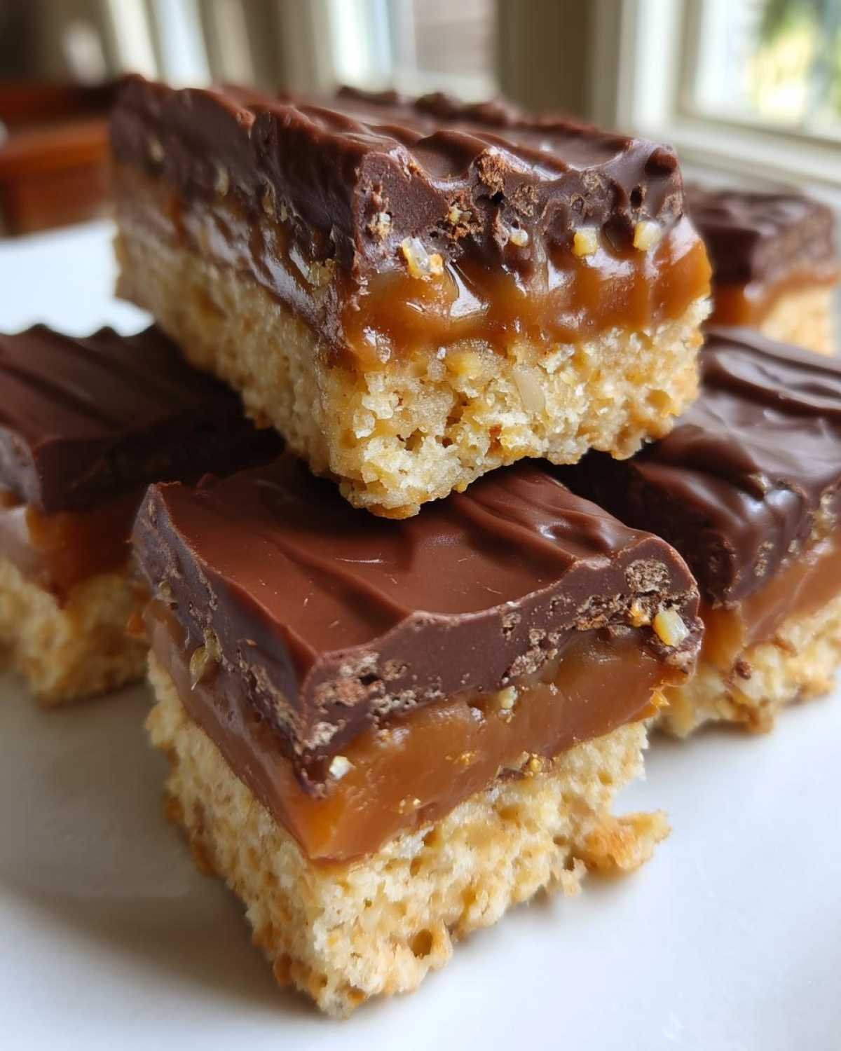 Gros plan de Twix maison healthy sur une assiette blanche, montrant les couches de biscuit, caramel et chocolat.