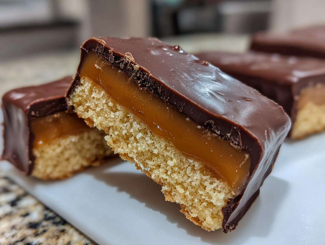Gros plan d'un Twix maison healthy coupé en deux, révélant sa couche de biscuit, de caramel et de chocolat.