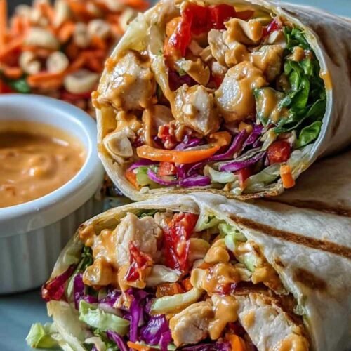 Wraps de poulet aux cacahuètes thaï coupés en diagonale sur assiette
