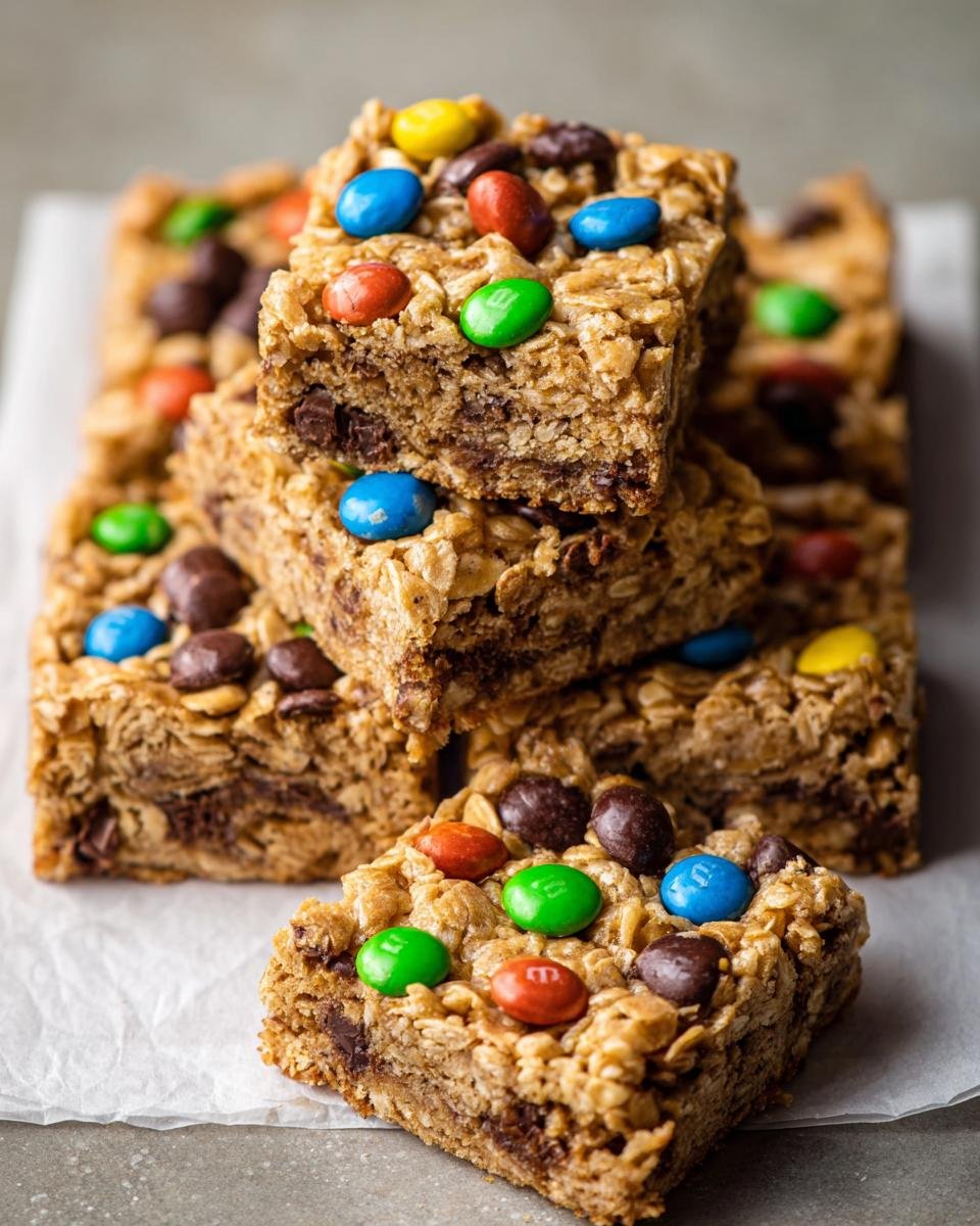 Gros plan sur des barres avoine chocolat garnies de bonbons colorés et de pépites de chocolat.
