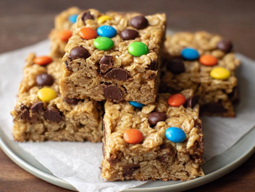 Gros plan de barres avoine chocolat garnies de pépites de chocolat et de bonbons colorés.