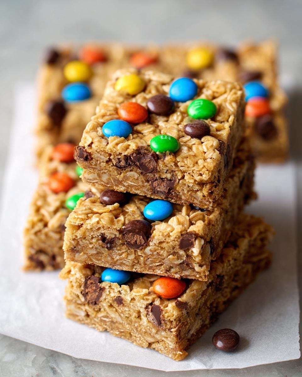 Gros plan sur des barres avoine chocolat colorées, parsemées de M&M's et de pépites de chocolat.