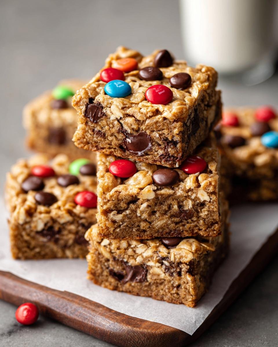 Gros plan sur des barres avoine chocolat empilées, garnies de M&M's colorés et de pépites de chocolat.