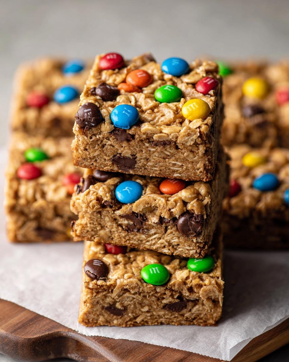 Gros plan sur une pile de barres avoine chocolat garnies de M&M's colorés.