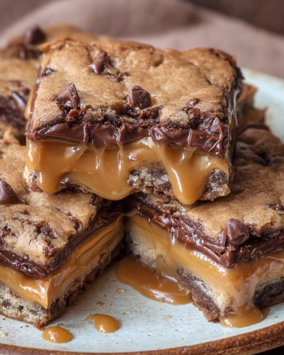 Gros plan de barres au caramel et chocolat facile, avec du caramel coulant et des pépites de chocolat.