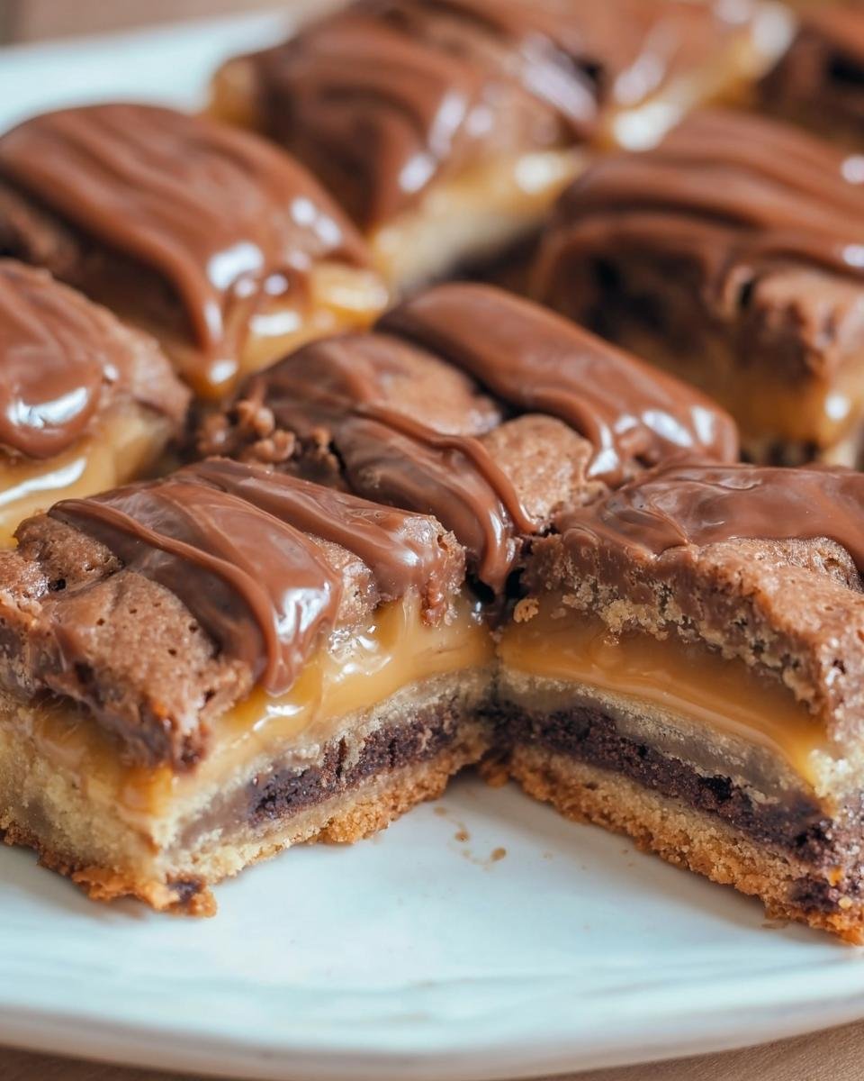 Gros plan sur des barres au caramel et chocolat facile coupées, révélant les couches de biscuit, caramel coulant et chocolat.