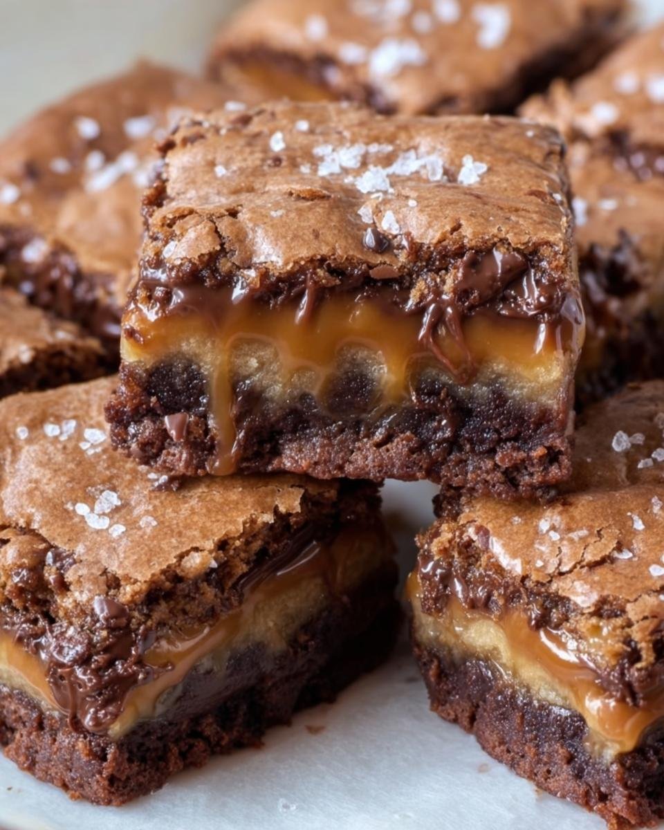 Gros plan sur des barres au caramel et chocolat facile, avec un coulis de caramel dégoulinant et des cristaux de sel.