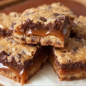 Gros plan sur des barres au caramel et chocolat facile, montrant le caramel coulant entre deux couches de biscuits aux pépites de chocolat.