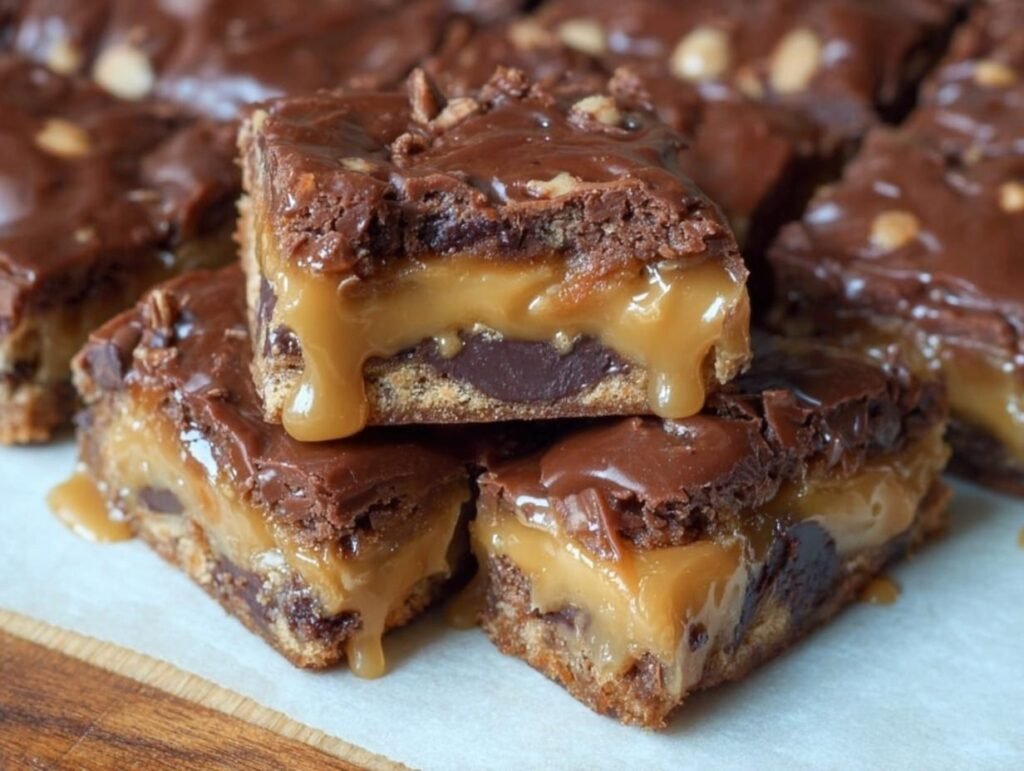 Gros plan de barres au caramel et chocolat facile, montrant les couches de caramel coulant, de chocolat et de biscuit.