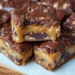 Gros plan de barres au caramel et chocolat facile, montrant les couches de caramel coulant, de chocolat et de biscuit.