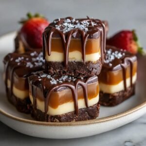 Gros plan de délicieuses barres caramel chocolat empilées, garnies de chocolat fondu et de sel de mer.