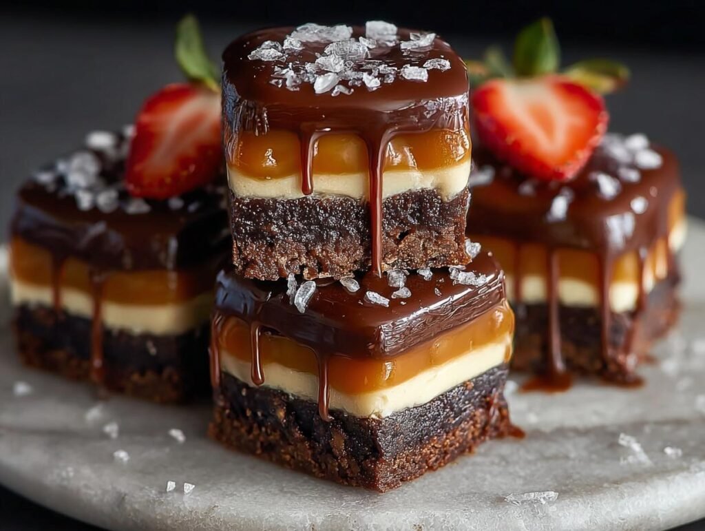 Gros plan de barres caramel chocolat empilées, garnies de chocolat, caramel, fraise et sel de mer.