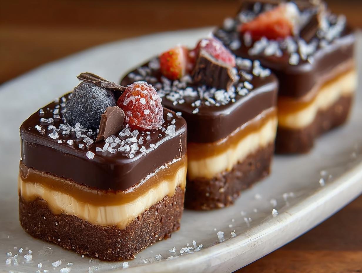 Trois barres caramel chocolat individuelles garnies de fruits rouges, de chocolat et de sel de mer.