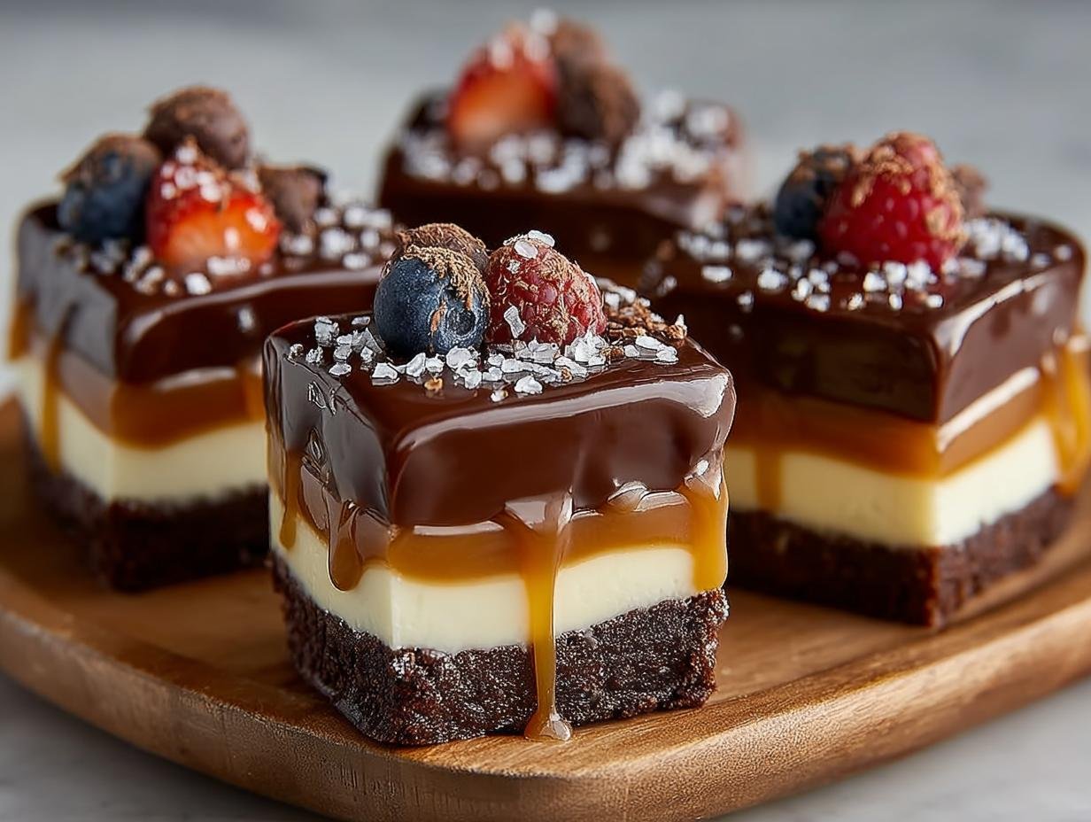 Gros plan de barres caramel chocolat individuelles, garnies de fruits rouges et de sauce caramel coulante.