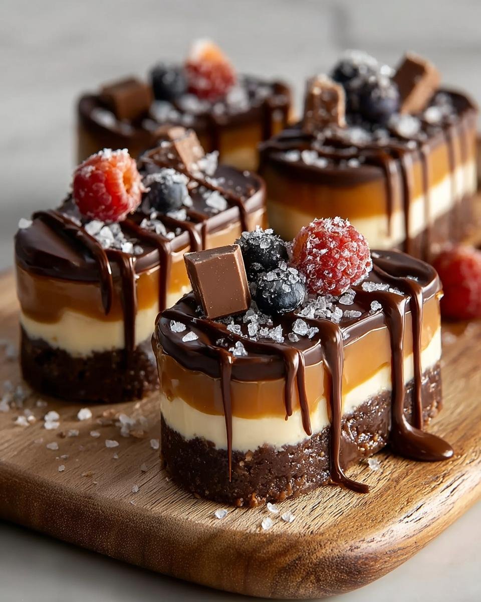 Gros plan sur des barres au caramel et chocolat individuelles, garnies de fruits rouges, de myrtilles et de chocolat.