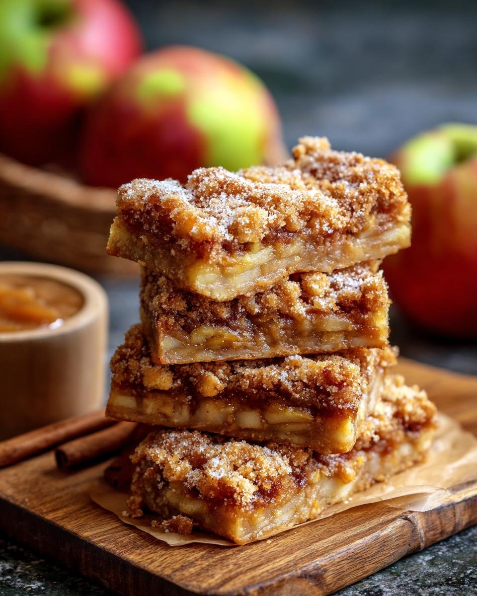 Pile de barres croustillantes aux pommes garnies de sucre, sur une planche en bois.