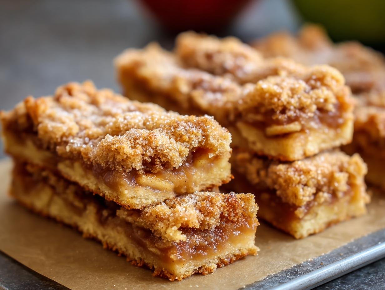 Gros plan de barres croustillantes aux pommes empilées, avec une garniture aux pommes caramélisées et une chapelure croustillante saupoudrée de sucre.