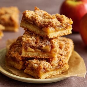 Gros plan de barres croustillantes aux pommes empilées, garnies de miettes dorées et de morceaux de pommes fondants.