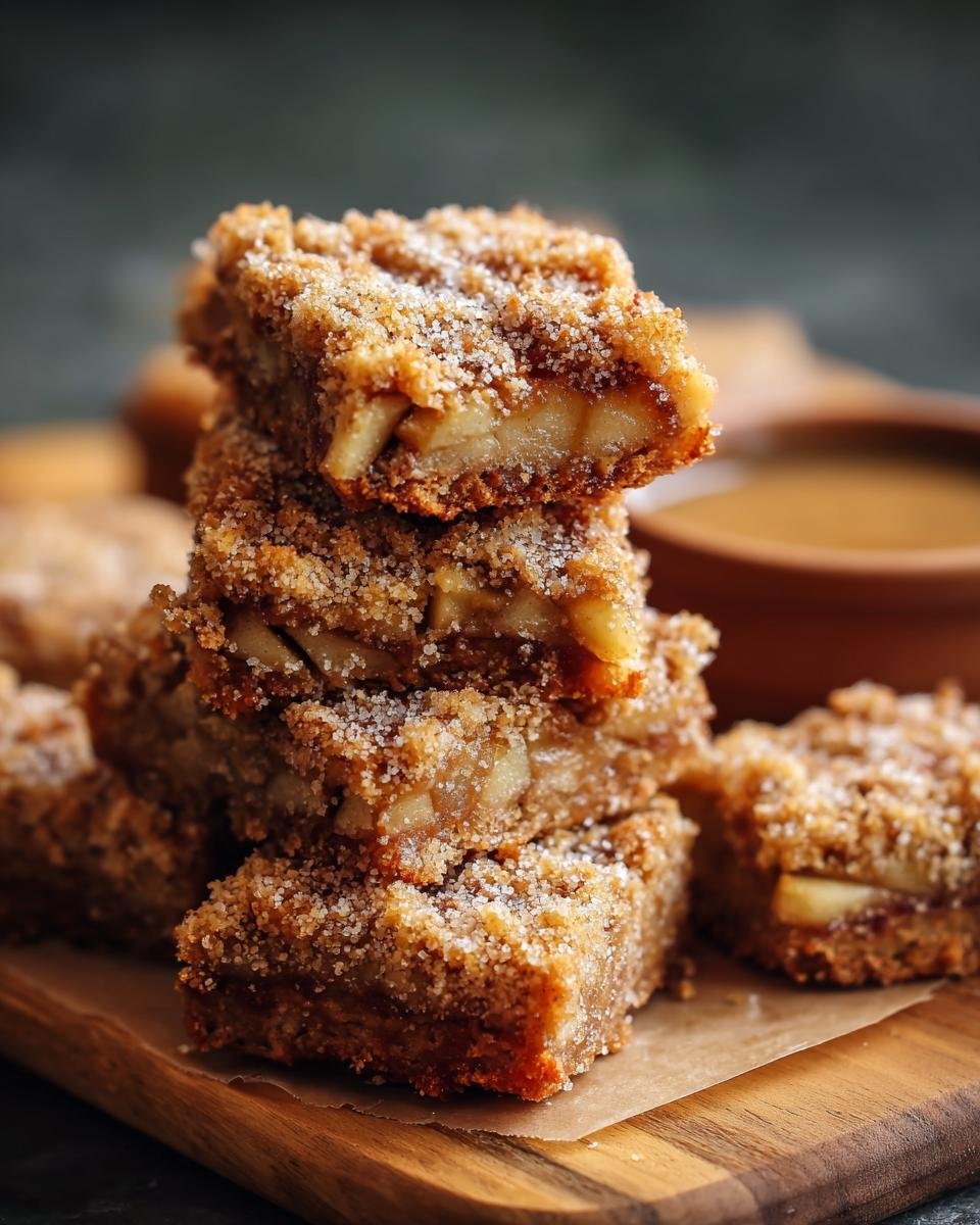 Gros plan d'une pile de barres croustillantes aux pommes, garnies de sucre.