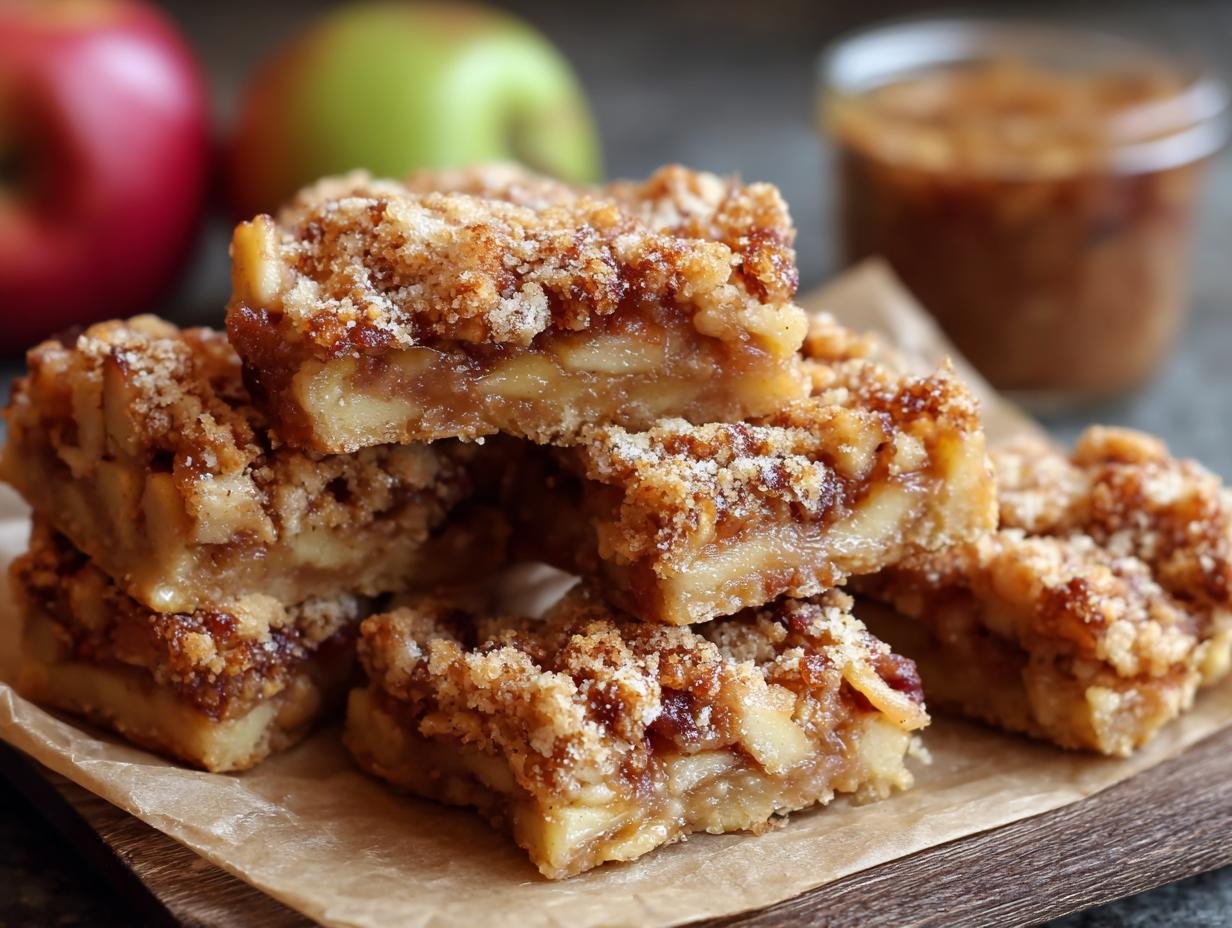 Gros plan de barres croustillantes aux pommes empilées, avec une garniture croustillante et des morceaux de pomme visibles.