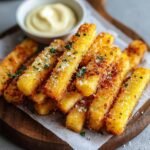 Gros plan sur une pile de bâtonnets de pommes de terre au fromage dorés et croustillants, saupoudrés de persil et de parmesan.
