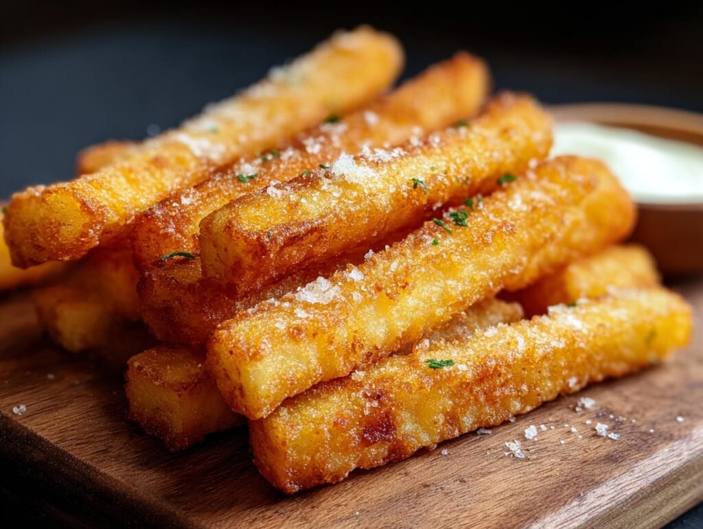 Gros plan sur des bâtonnets de pommes de terre au fromage croustillants, saupoudrés de sel et de persil.