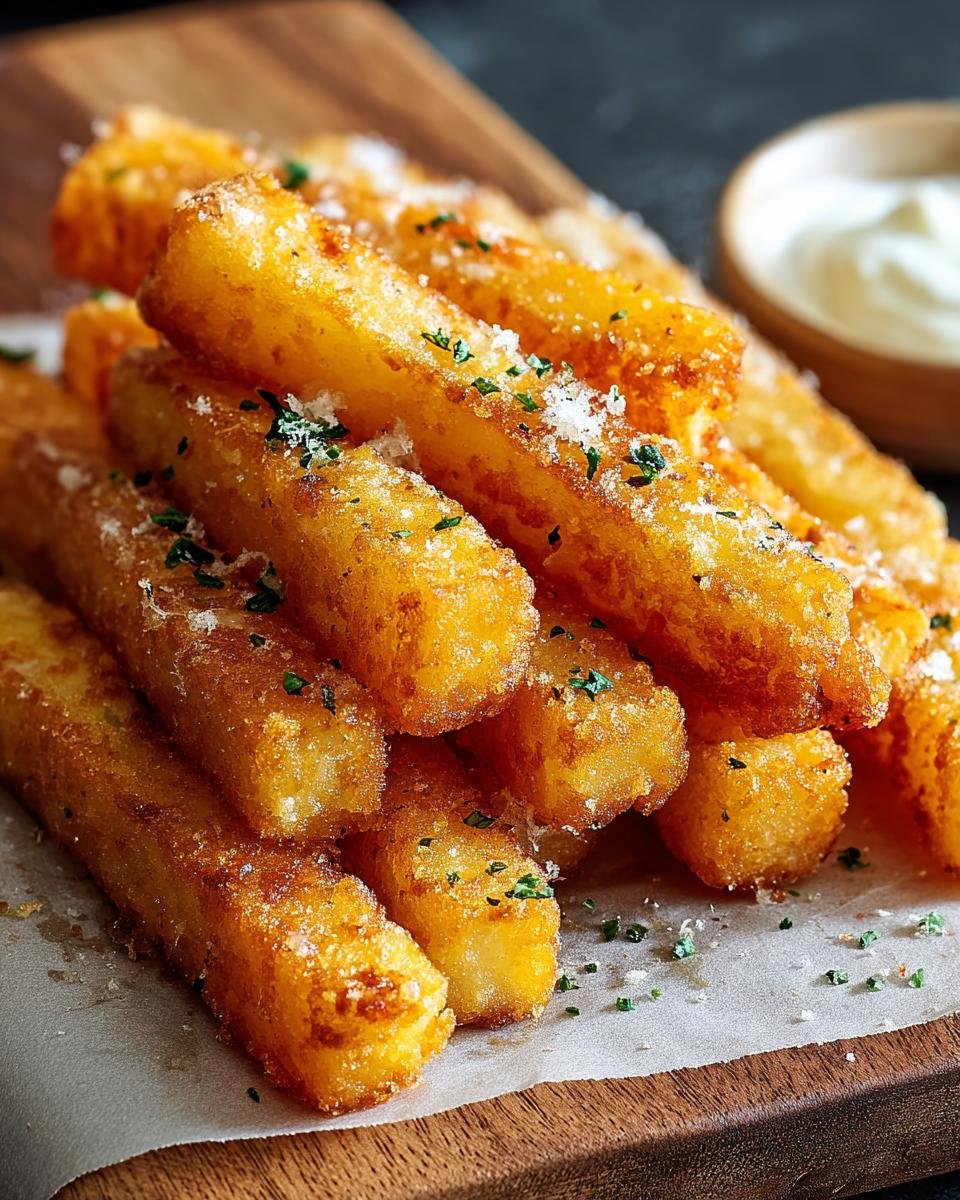 Gros plan sur une pile de bâtonnets de pommes de terre au fromage dorés, saupoudrés d'herbes et de parmesan.