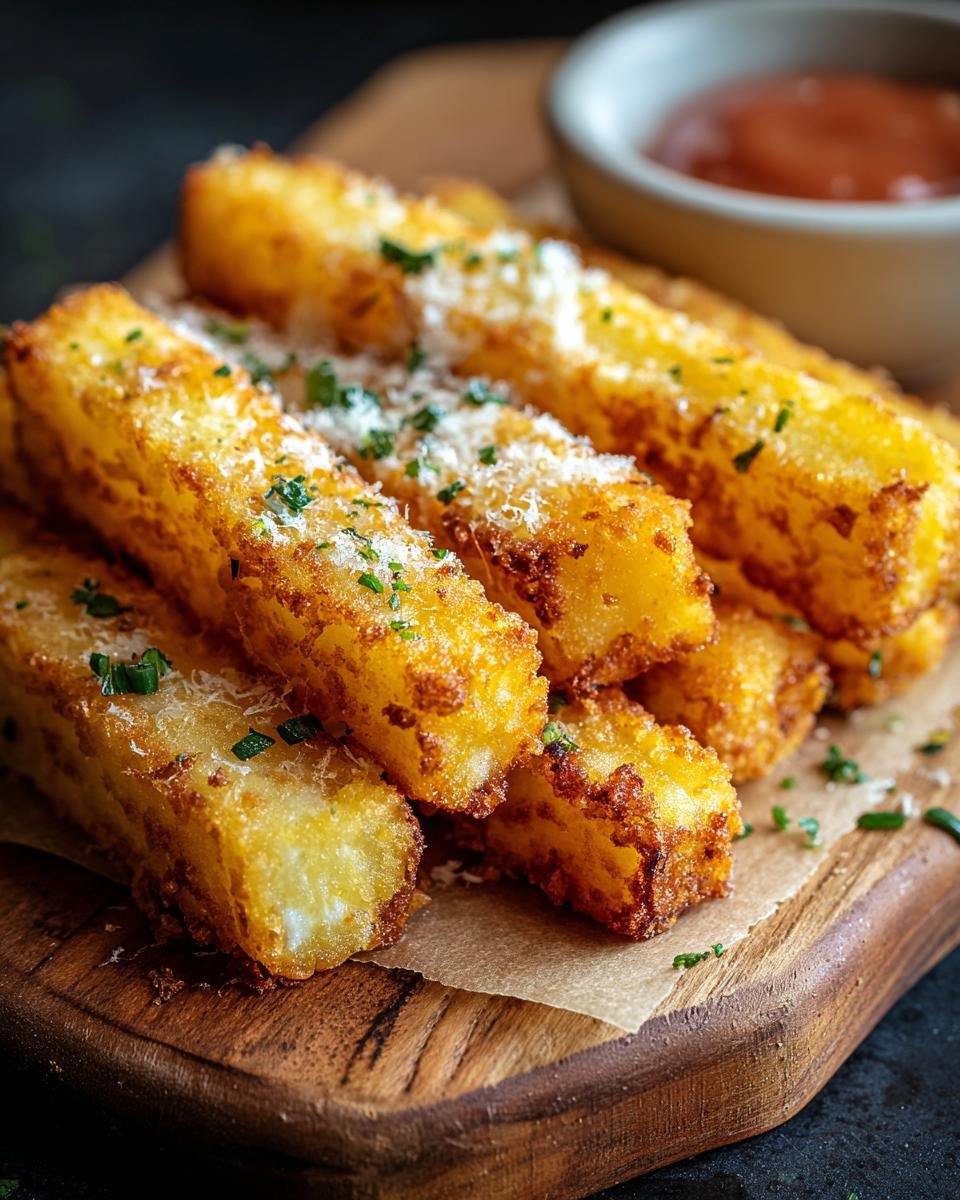 Gros plan sur des bâtonnets de pommes de terre au fromage croustillants, saupoudrés de parmesan et de persil.