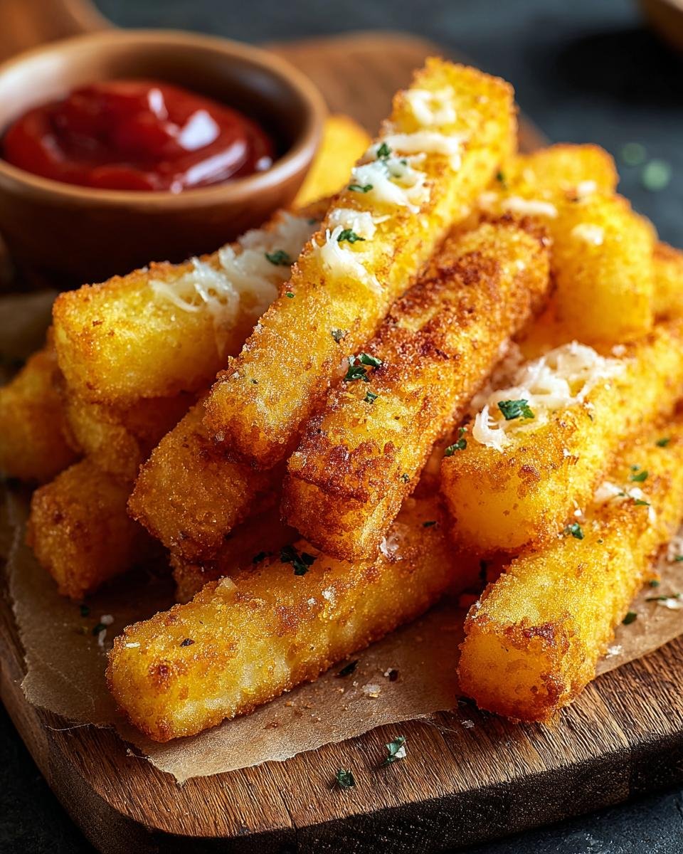 Gros plan sur des bâtonnets de pommes de terre au fromage dorés et croustillants, saupoudrés de persil et de fromage râpé, servis avec du ketchup.