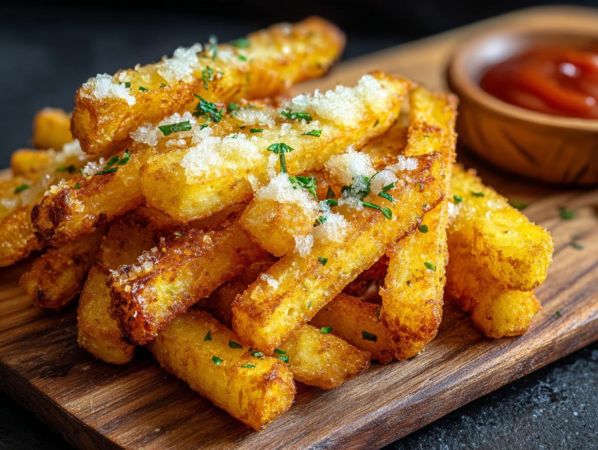 Gros plan de bâtonnets de pommes de terre au fromage, dorés et garnis de persil frais.