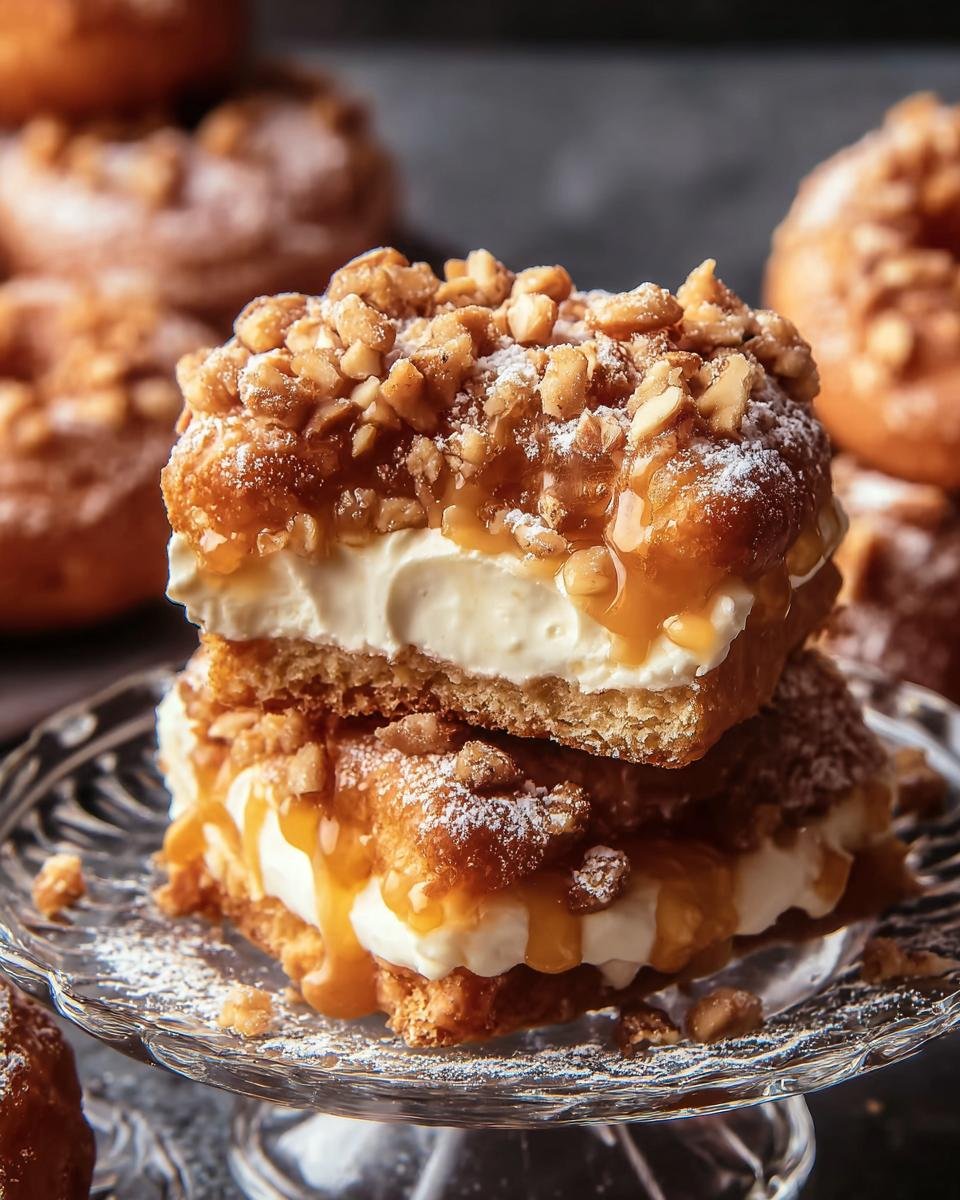 Gros plan de beignets gâteau entonnoir empilés, garnis de crème, caramel et noix concassées.