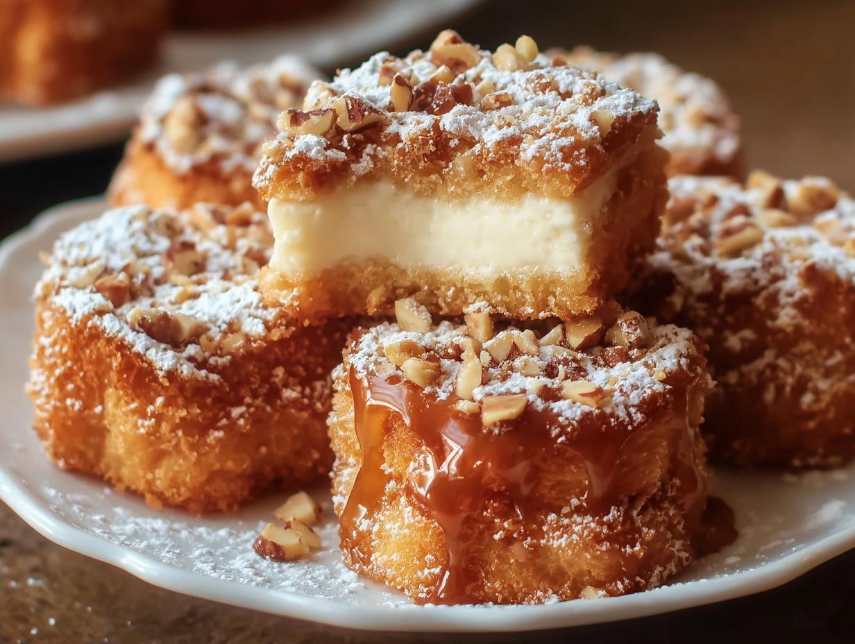 Gros plan sur des beignets gâteau entonnoir garnis de noix et de sucre glace, avec un glaçage au caramel.