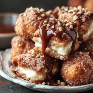 Gros plan sur des beignets gâteau entonnoir coupés en deux, fourrés à la crème, nappés de chocolat et saupoudrés de noix.