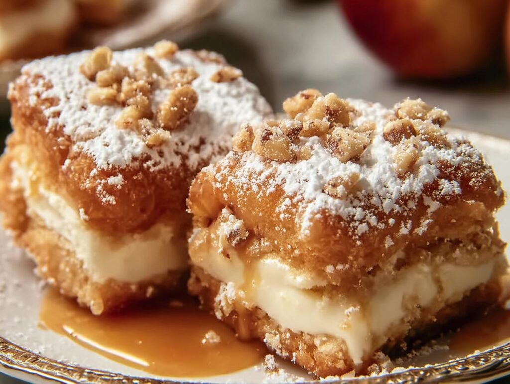 Deux beignets gâteau entonnoir garnis de crème, saupoudrés de sucre glace et de noix, nappés de caramel.