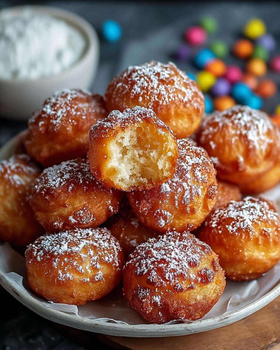 Gros plan sur une pile de beignets gâteau entonnoir faciles, saupoudrés de sucre glace.