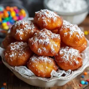 Gros plan de beignets gâteau entonnoir faciles saupoudrés de sucre glace dans un bol.