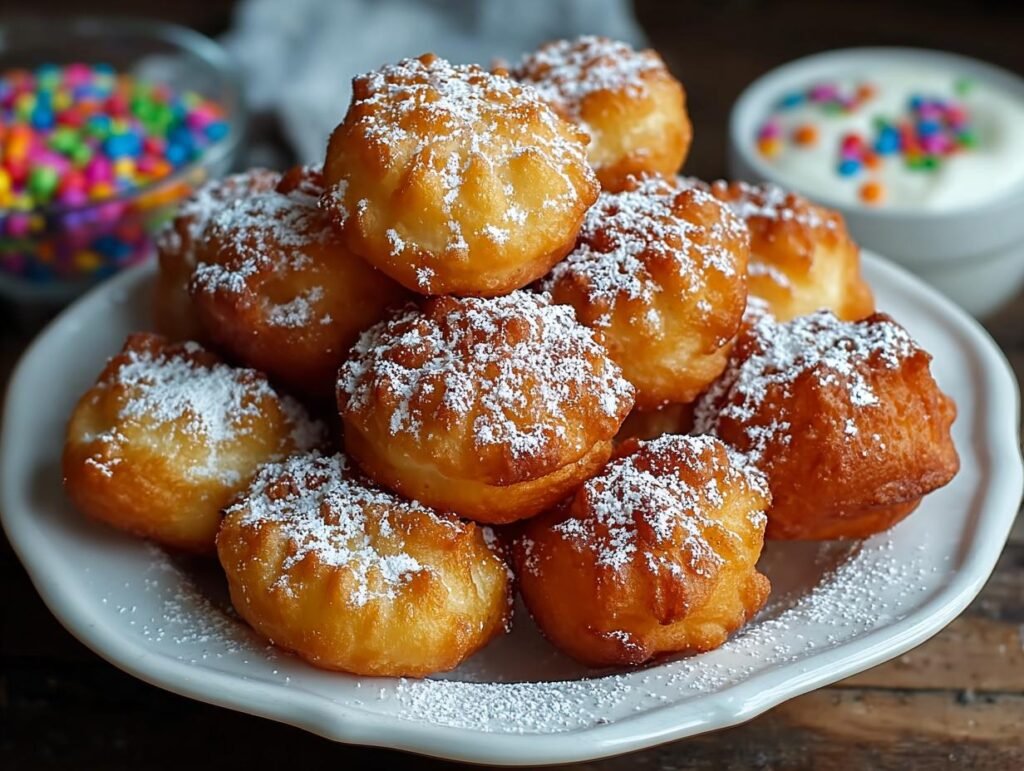 Gros plan d'une pile de beignets gâteau entonnoir faciles saupoudrés de sucre glace sur une assiette blanche.