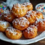 Gros plan d'une pile de beignets gâteau entonnoir faciles saupoudrés de sucre glace sur une assiette blanche.