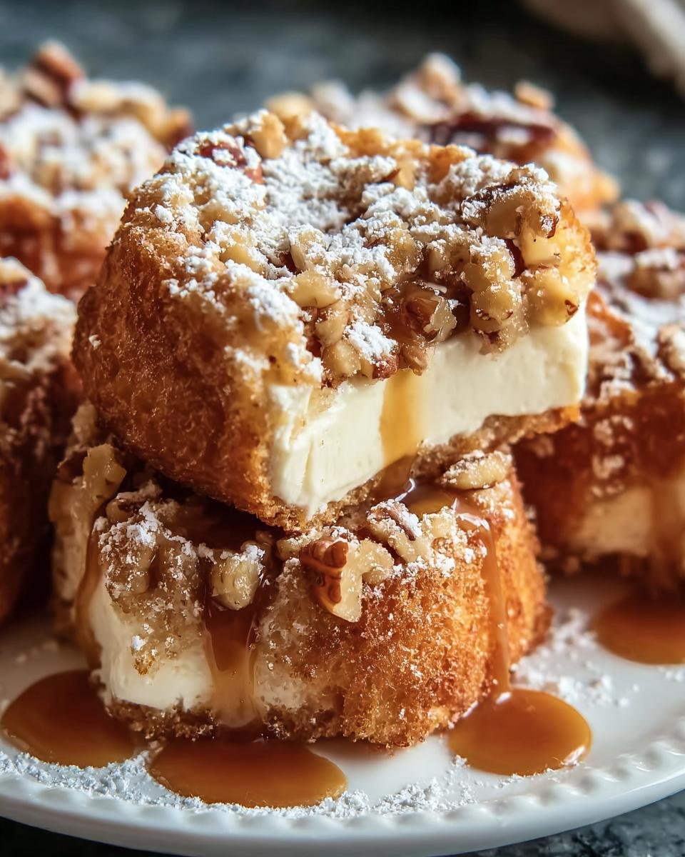 Gros plan de beignets gâteau entonnoir empilés, garnis de noix, de sucre glace et de sauce caramel.
