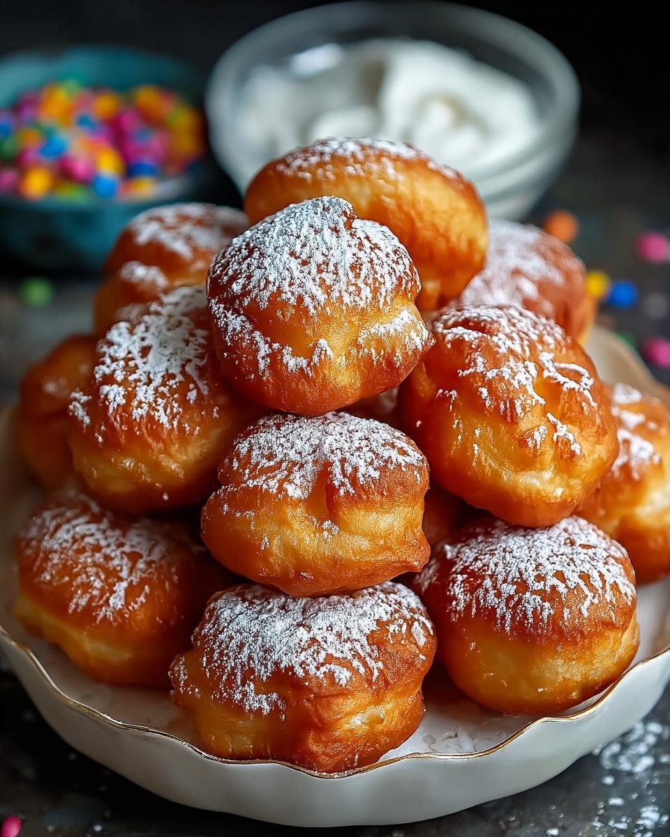 Gros plan d'une pile de beignets gâteau entonnoir, saupoudrés de sucre glace.