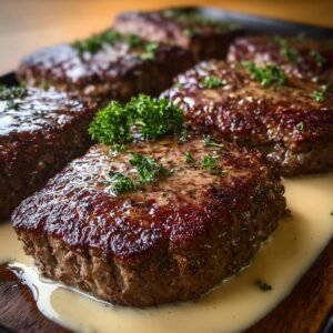 Gros plan sur un bifteck haché Amish au four, garni de persil frais et baignant dans une sauce crémeuse.