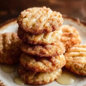 Gros plan d'une pile de biscuits au cidre de pomme saupoudrés de sucre et de cannelle, arrosés d'un glaçage.