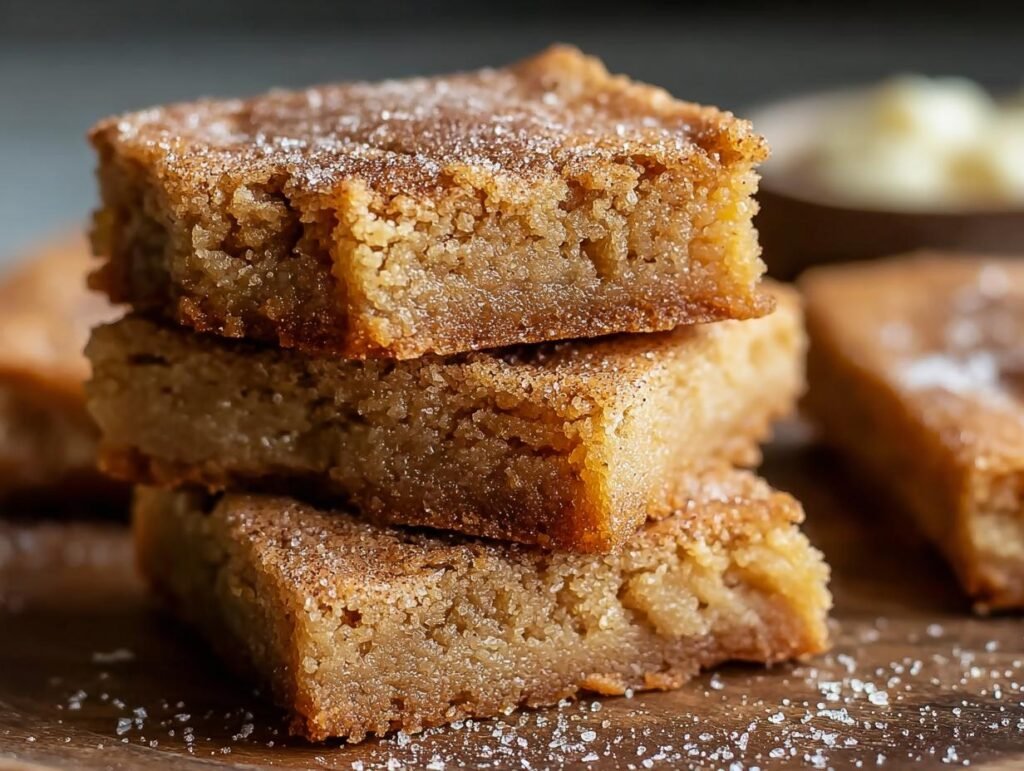 Gros plan sur une pile de blondies au miel et à la cannelle, saupoudrés de sucre.