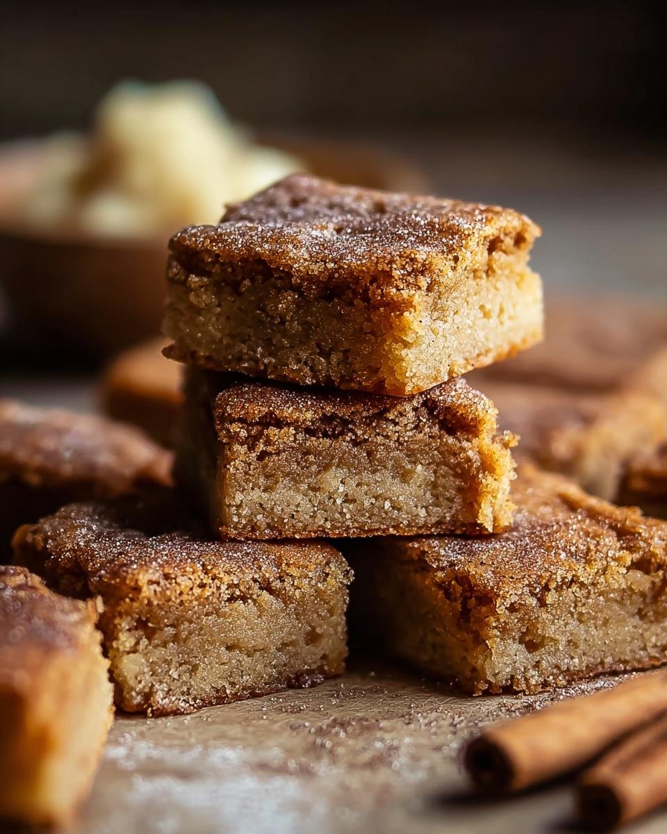 Gros plan sur une pile de blondies au miel et à la cannelle saupoudrés de sucre.
