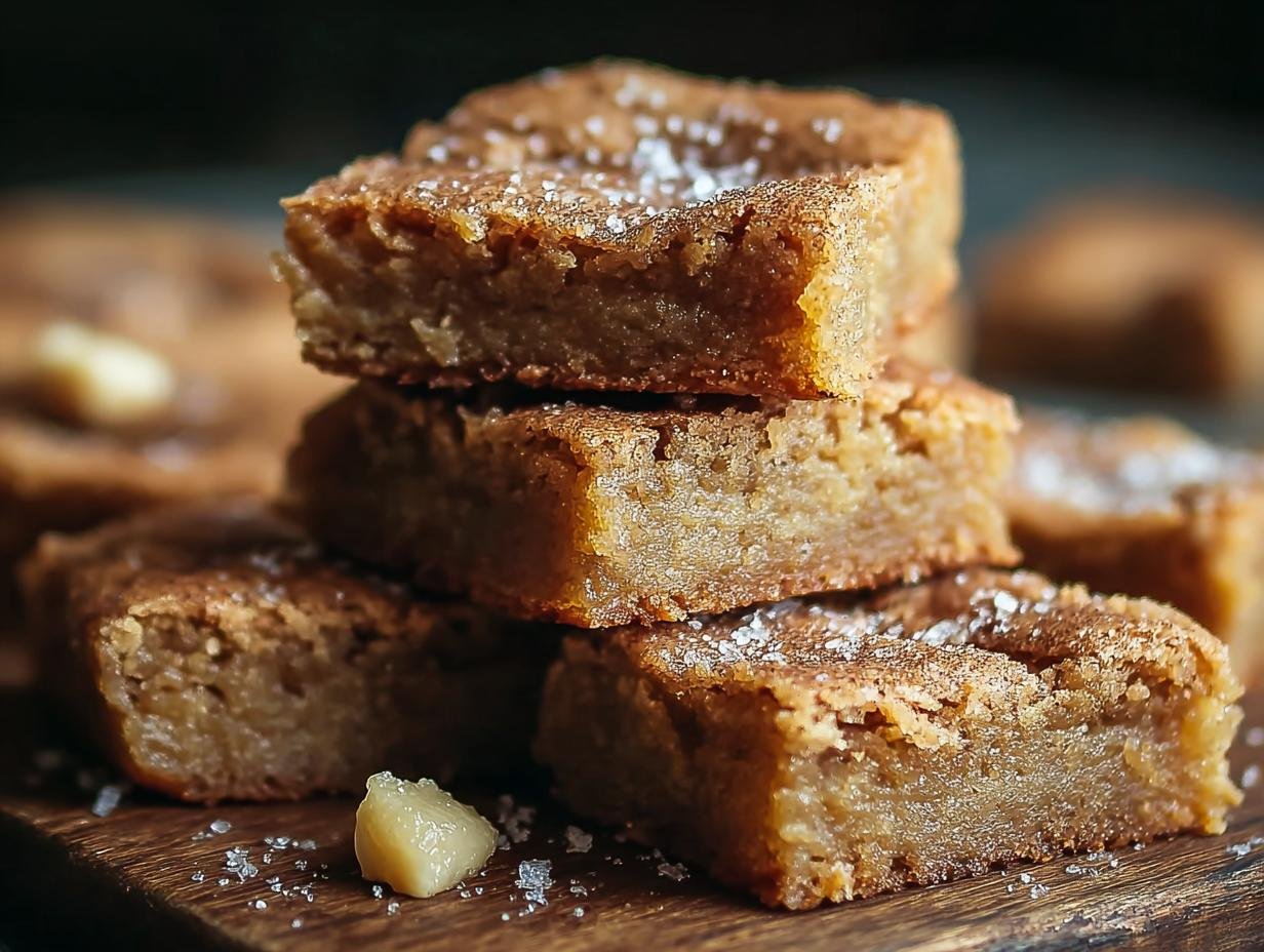 Gros plan sur une pile de blondies au miel et à la cannelle, saupoudrés de sucre et de sel.